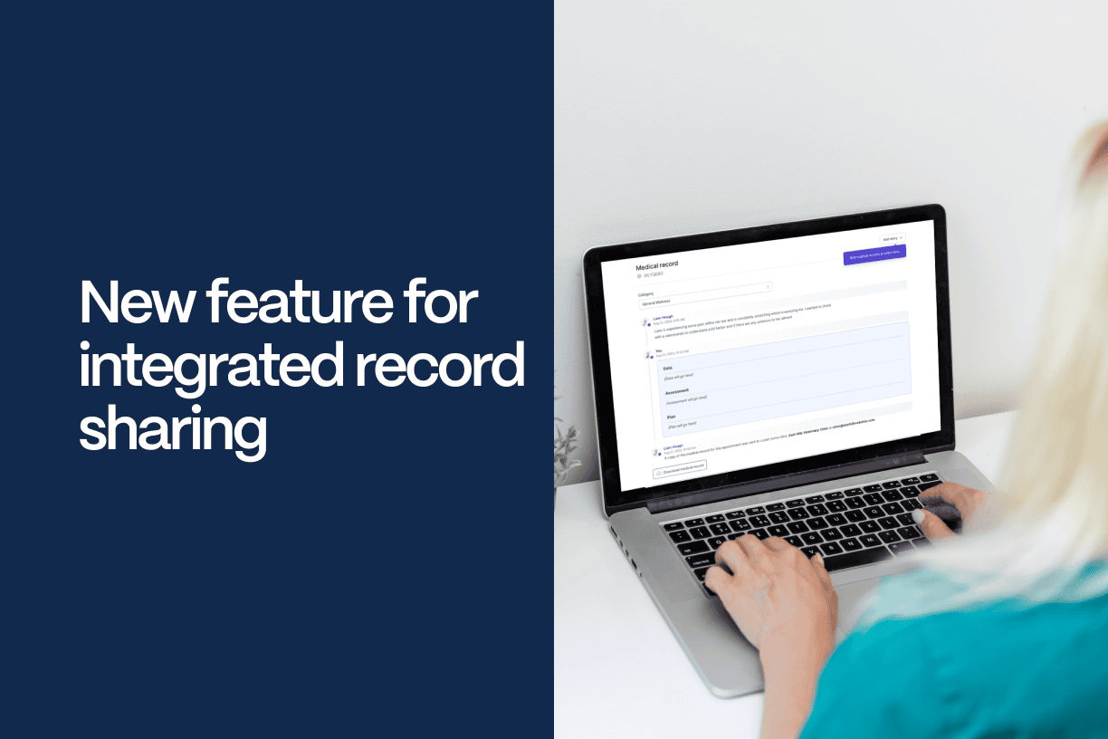 New feature for integrated record sharing - A woman sitting at a computer beside the words "new feature for integrated record sharing"