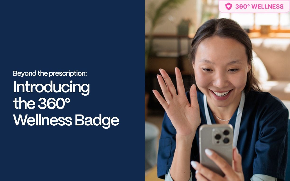 Beyond the prescription: Introducing the 360° Wellness Badge - Vetster promotional banner reading 'Beyond the prescription: Introducing the 360° Wellness Badge,' featuring a veterinarian in blue scrubs waving during a video call on her smartphone, with a pink '360° Wellness' badge icon in the top right corner.