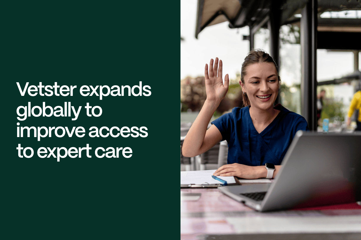 Vetster Expands Globally to Improve Access to Expert Care - A graphic of the article title next to a woman in front of a laptop, waving