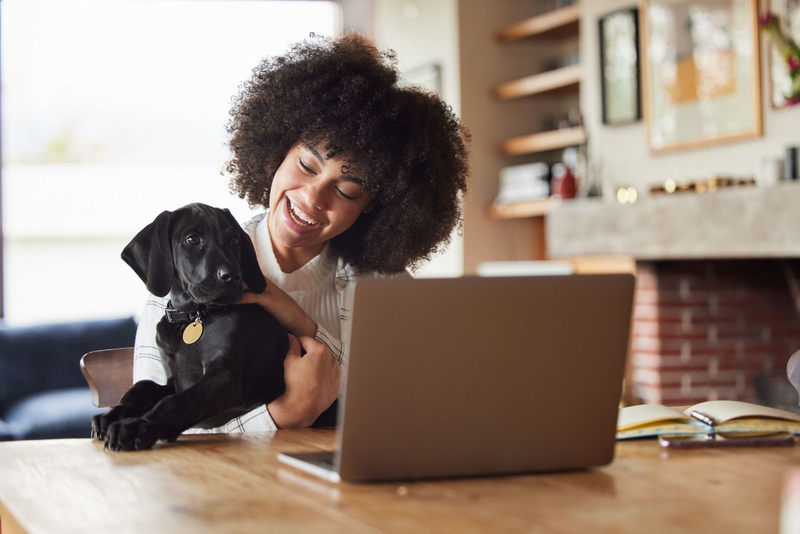 How telehealth helps manage chronic pet allergy costs - Woman holding her puppy at home while using a laptop for a virtual vet appointment.