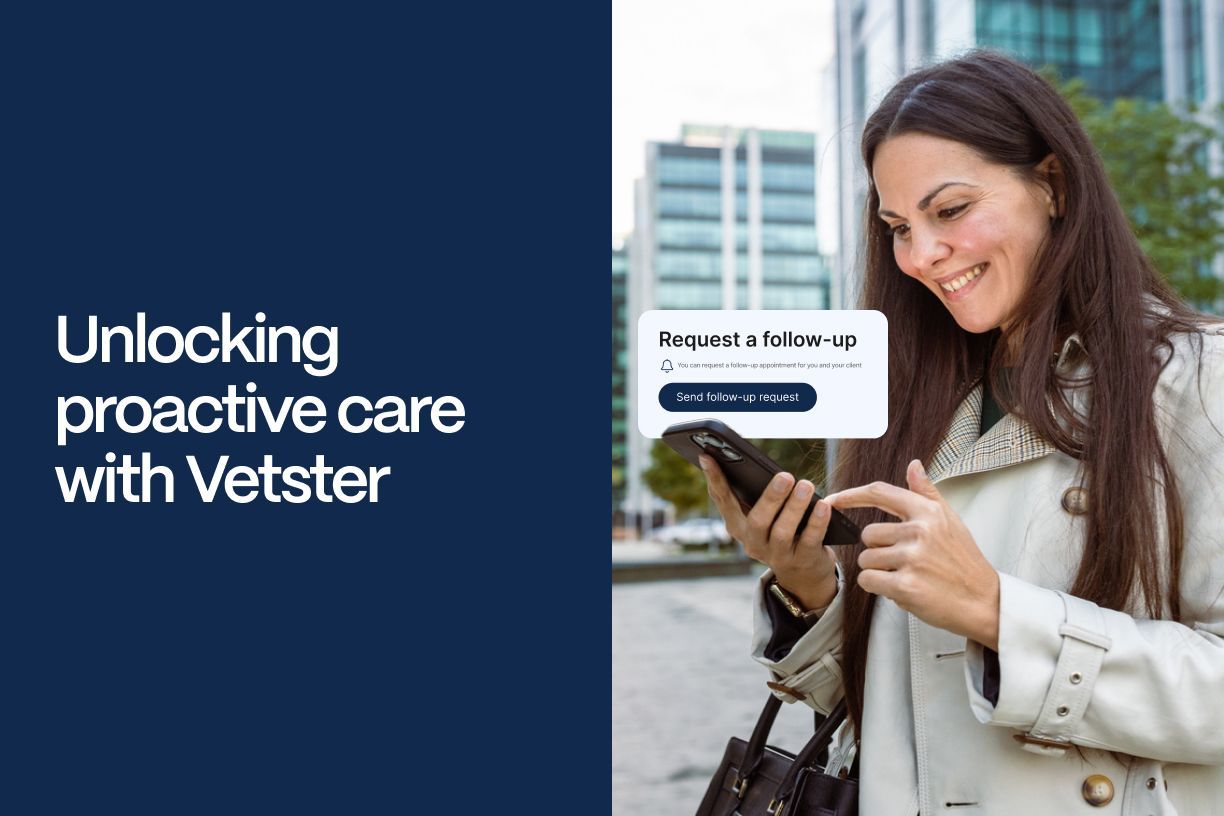 Unlocking proactive pet care with Vetster - The title of the article next to a woman looking at her phone