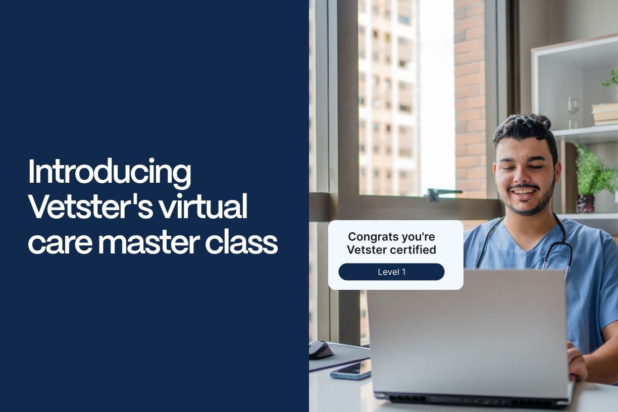 Introducing Vetster's virtual care master class - A vet sitting at a desk in front of his laptop with the title of the article superimposed on the left