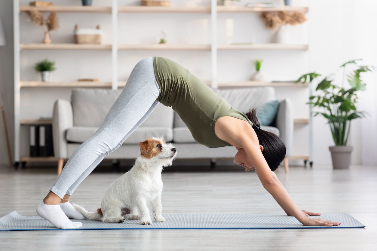 How to exercise with your dog and get fit - woman doing yoga with dog 
